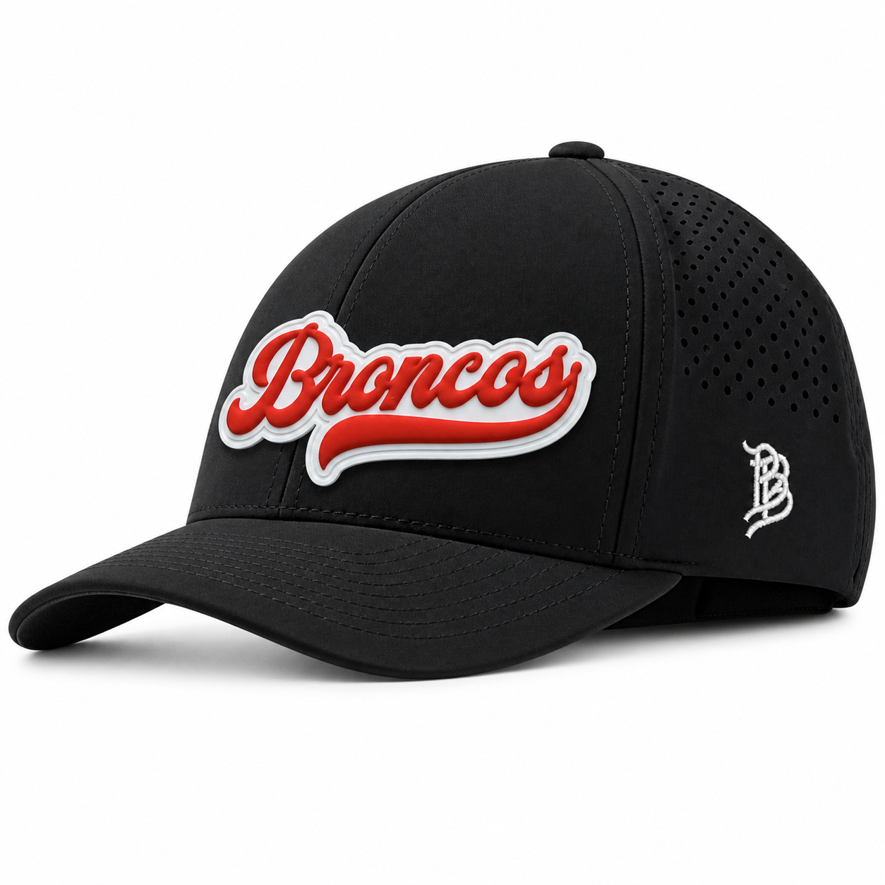Black Curved Performance Hat with Broncos on White PVC patch