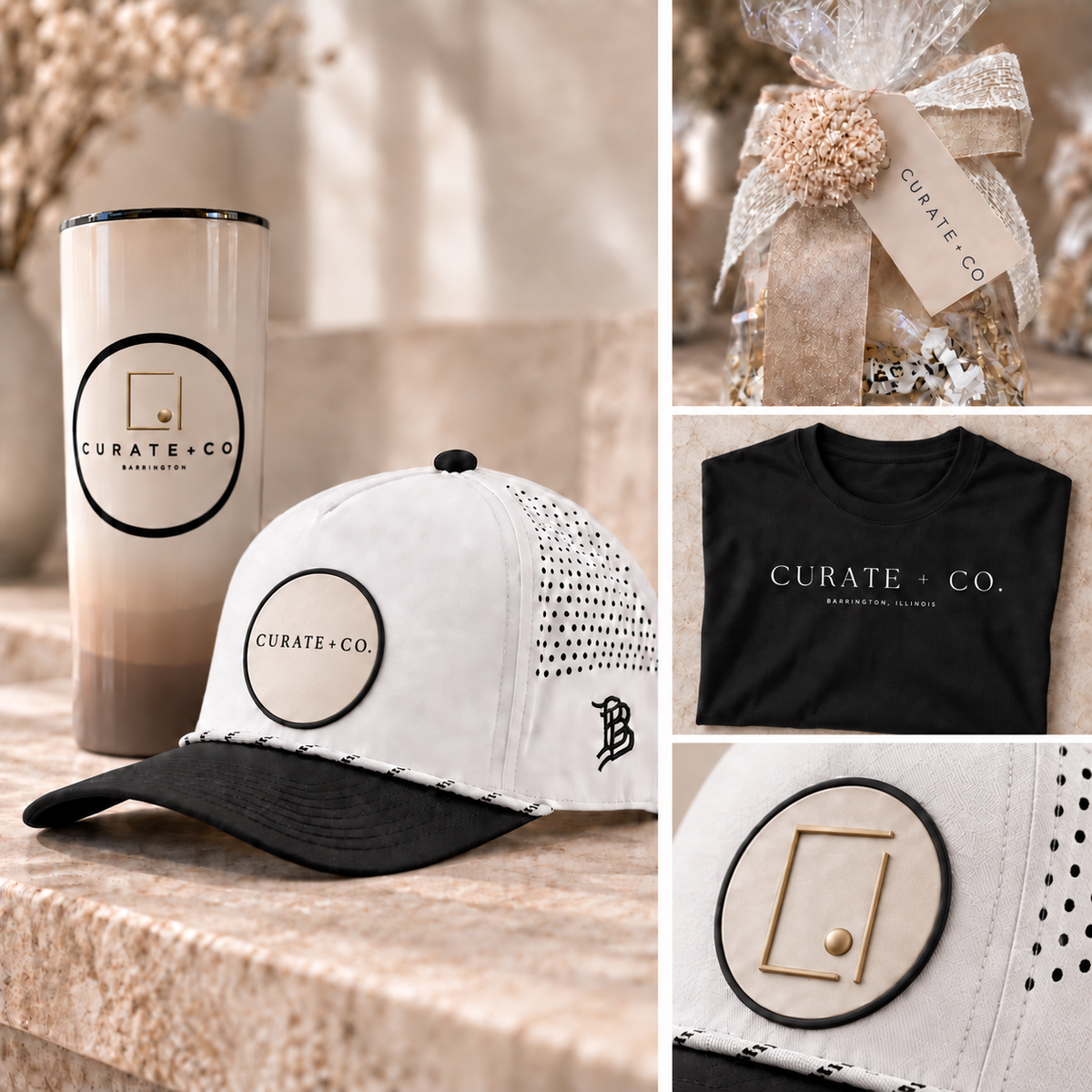 Curate + Co. hat, tumbler, black T-shirt, gift packaging and gold patch detail