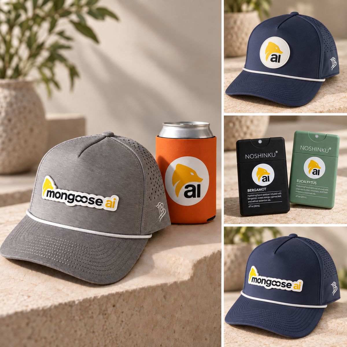 Mongoose AI gray and navy hats, an orange can sleeve and pocket sanitizers