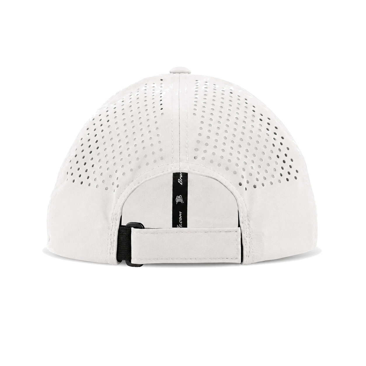 Rear view of white performance dad hat