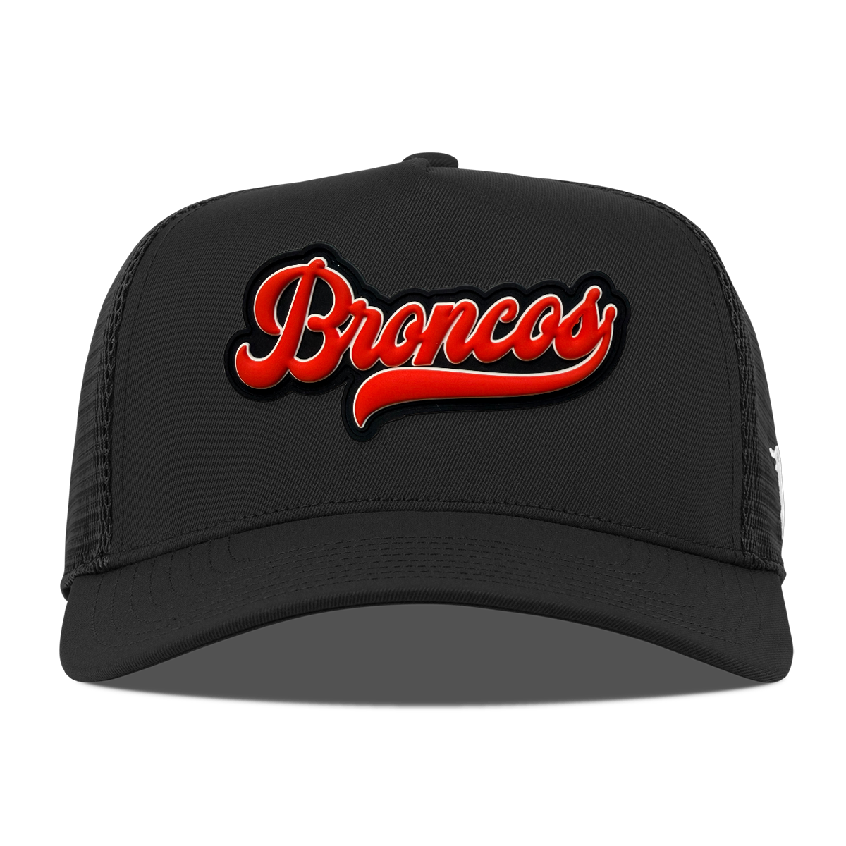 Script Broncos 5 Panel Trucker — Black Patch, Black, front