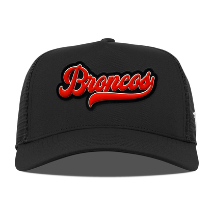 Script Broncos 5 Panel Trucker — Black Patch, Black, front