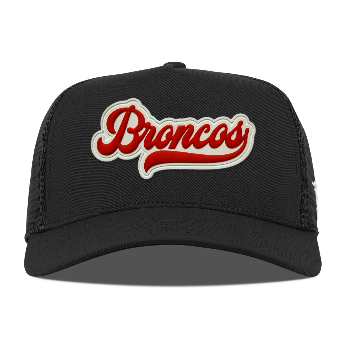 Script Broncos 5 Panel Trucker — White Patch, Black, front