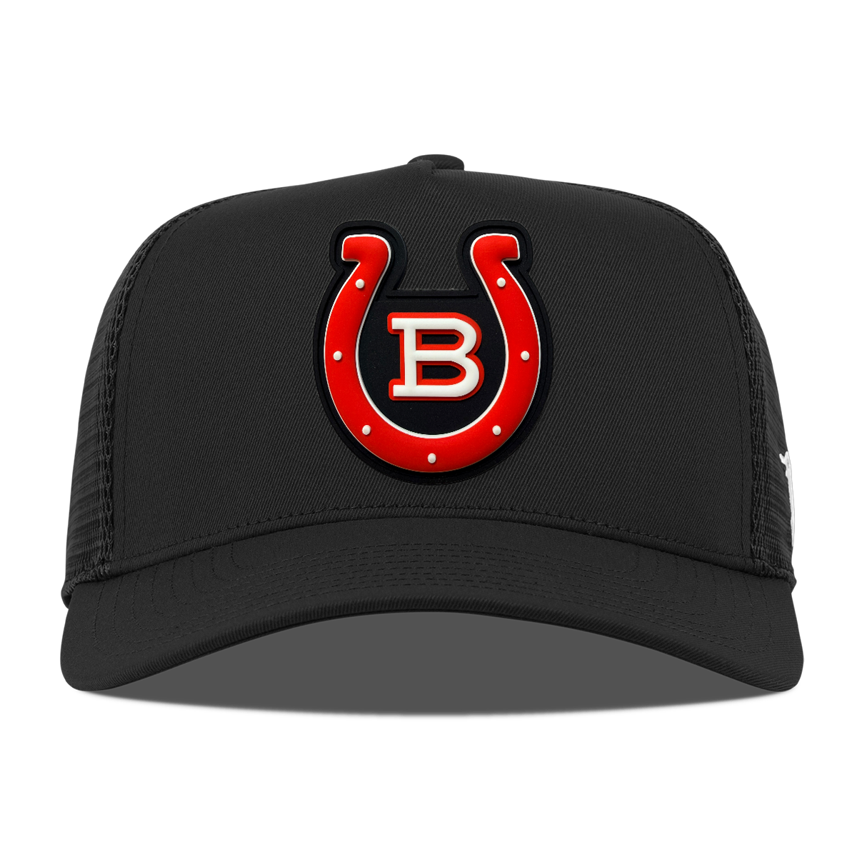 Horseshoe 5 Panel Trucker — Black Patch, Black, front