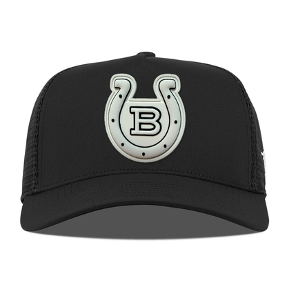 Horseshoe 5 Panel Trucker — Monochrome Patch, Black, front
