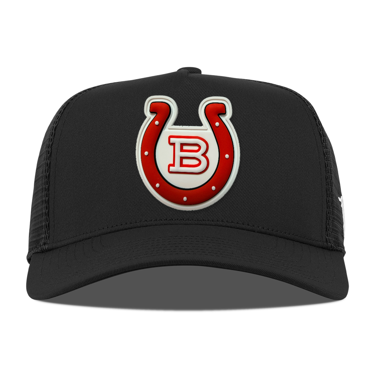 Horseshoe 5 Panel Trucker — White Patch, Black, front