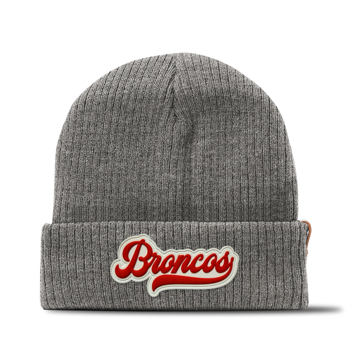 Script Broncos Beanie — White Patch, Gray, front