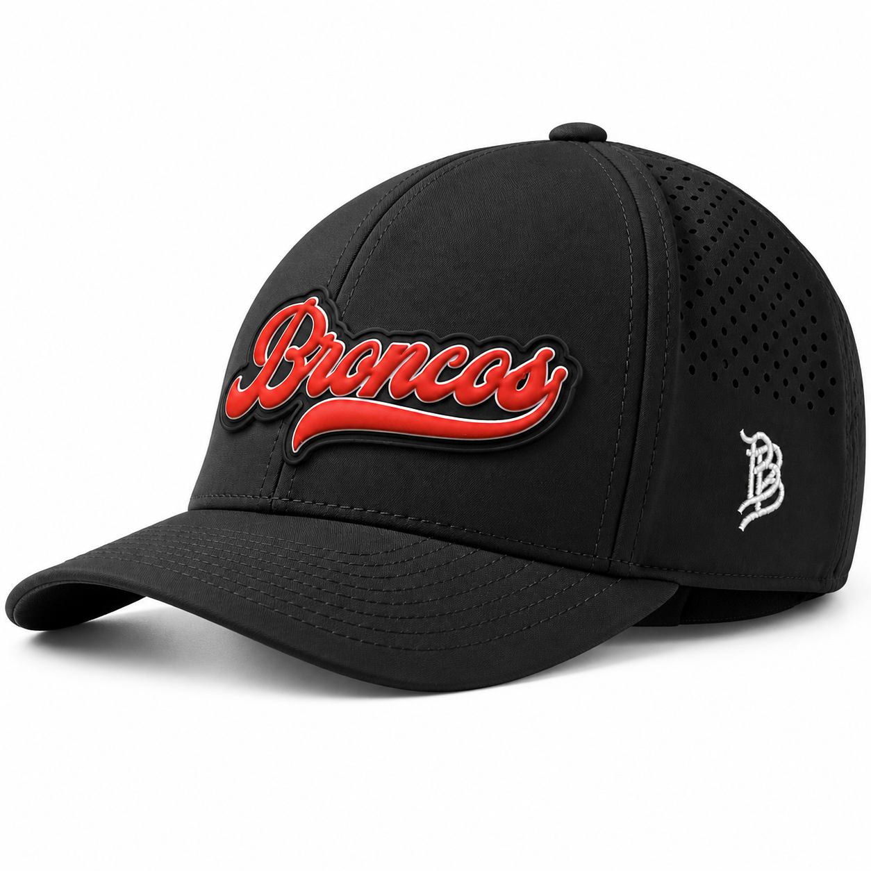 Black Curved Performance Hat with Broncos on Black PVC patch