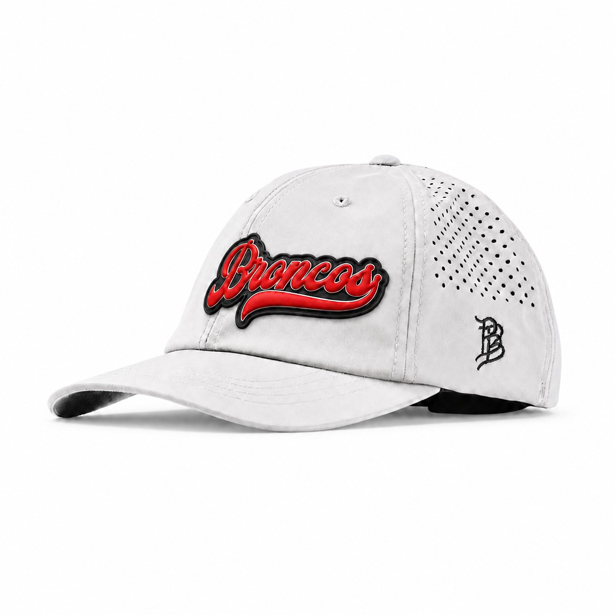 White Performance Dad Hat with BRONCOS ON BLACK PVC patch