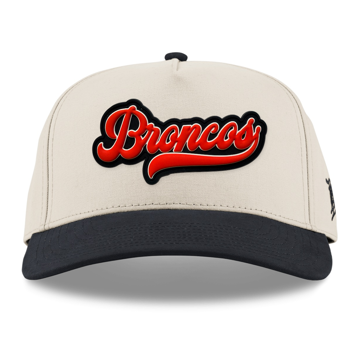 Script Broncos Canvas Hat — Black Patch, Beige/Vintage Black, front
