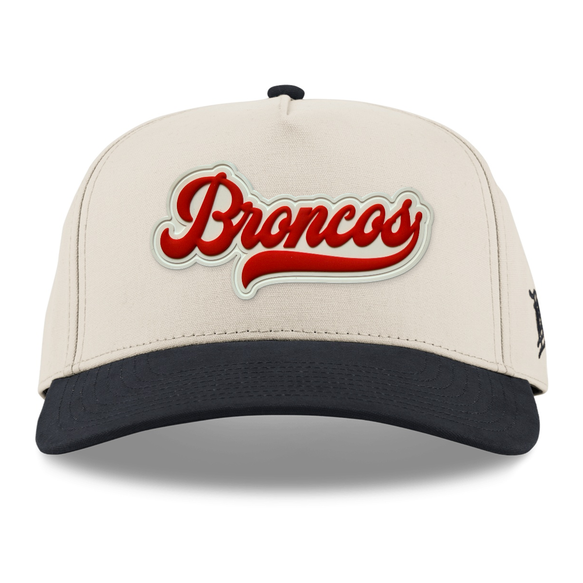 Script Broncos Canvas Hat — White Patch, Beige/Vintage Black, front