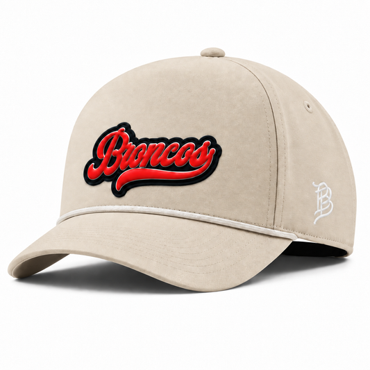 Script Broncos | Curved | Canvas 5 Panel Rope; Beige; broncos on black PVC patch; front view