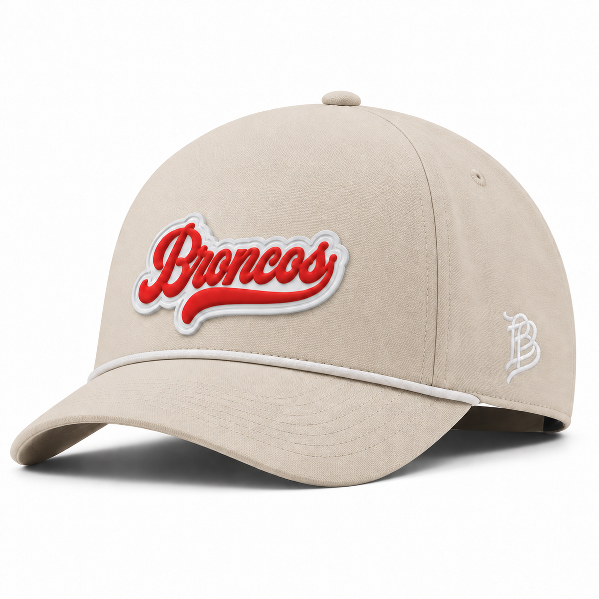 Script Broncos | Curved | Canvas 5 Panel Rope; Beige; broncos on white PVC patch; front view