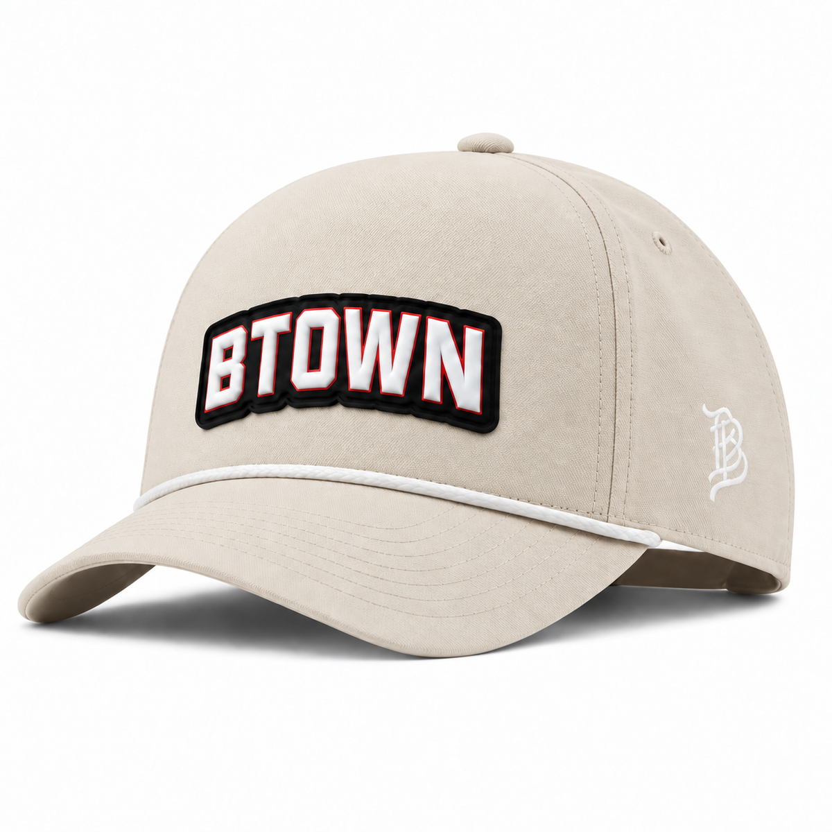 BTOWN | Curved | Canvas 5 Panel Rope; Beige; btown on black PVC patch; front view