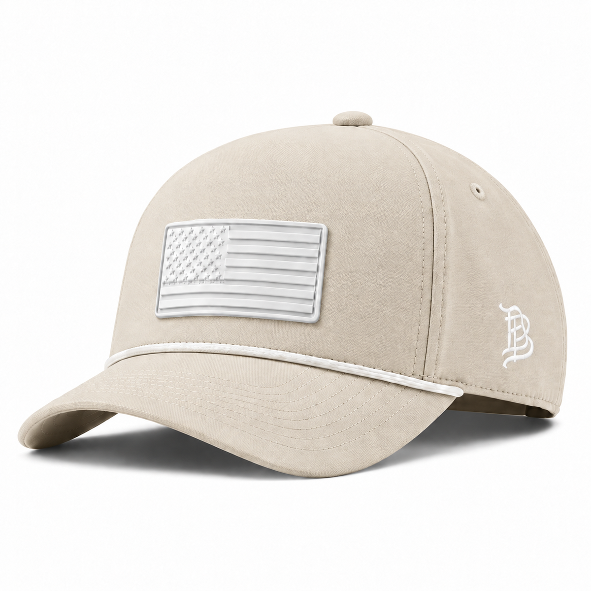 American Flag | Curved | Canvas 5 Panel Rope; Beige; white american flag PVC patch; front view