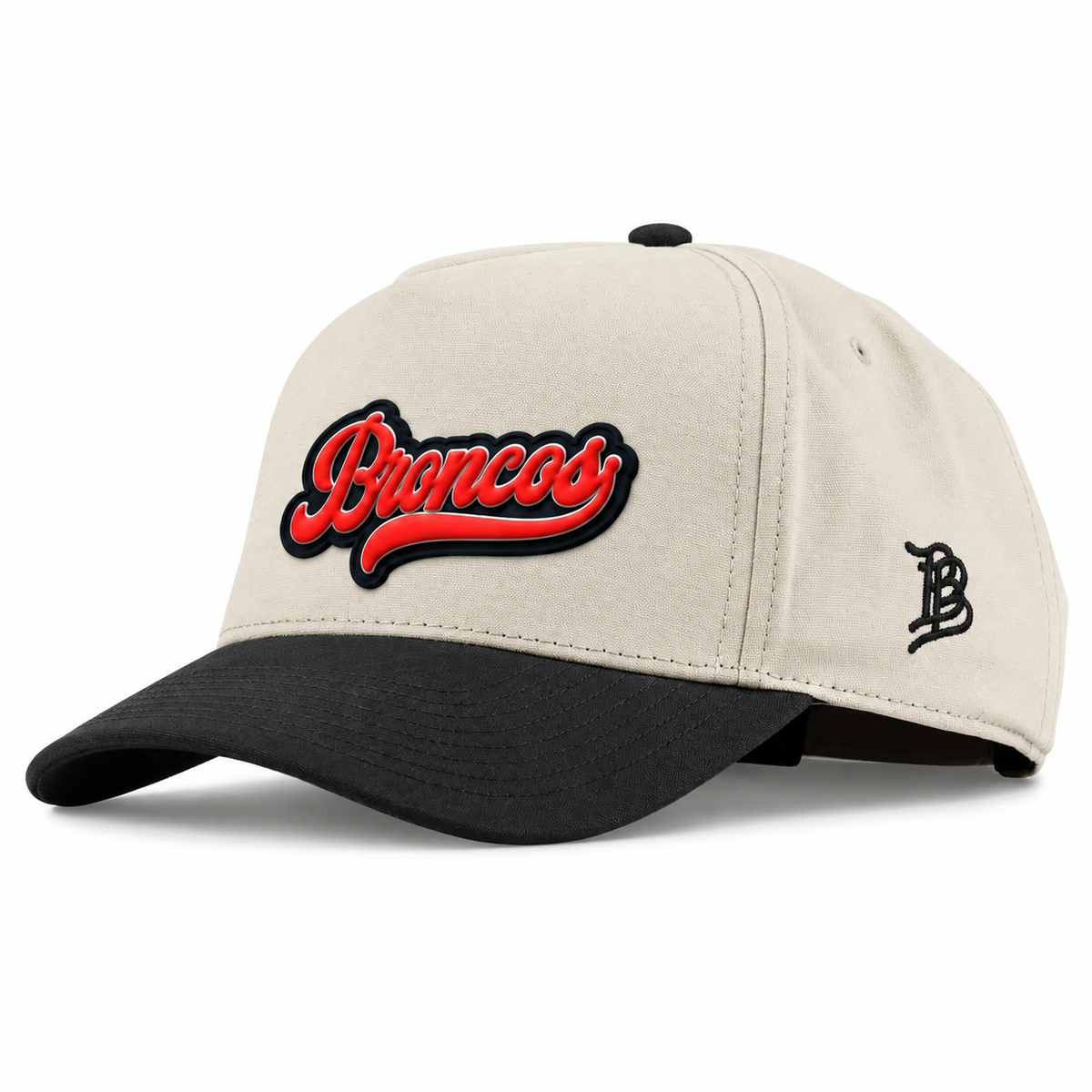 Script Broncos | Curved | Canvas 5 Panel; Beige/Vintage Black; broncos on black PVC patch; front view