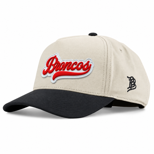 Script Broncos | Curved | Canvas 5 Panel; Beige/Vintage Black; broncos on white PVC patch; front view