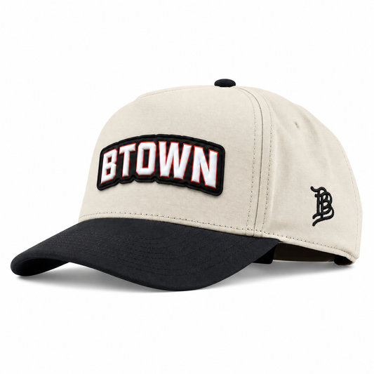 BTOWN | Curved | Canvas 5 Panel; Beige/Vintage Black; btown on black PVC patch; front view