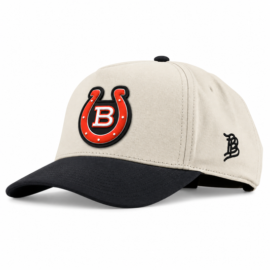 Horseshoe | Curved | Canvas 5 Panel; Beige/Vintage Black; horseshoe on black PVC patch; front view