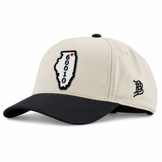 Illinois 60010 | Curved | Canvas 5 Panel; Beige/Vintage Black; illinois 60010 PVC patch; front view