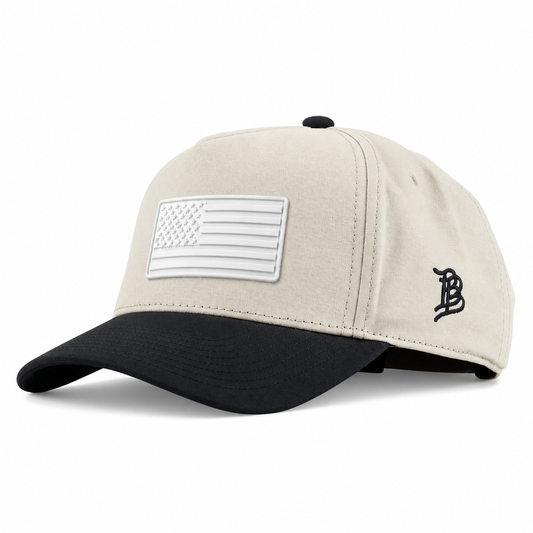 American Flag | Curved | Canvas 5 Panel; Beige/Vintage Black; white american flag PVC patch; front view