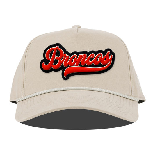 Script Broncos Canvas Rope Hat — Black Patch, Beige, front