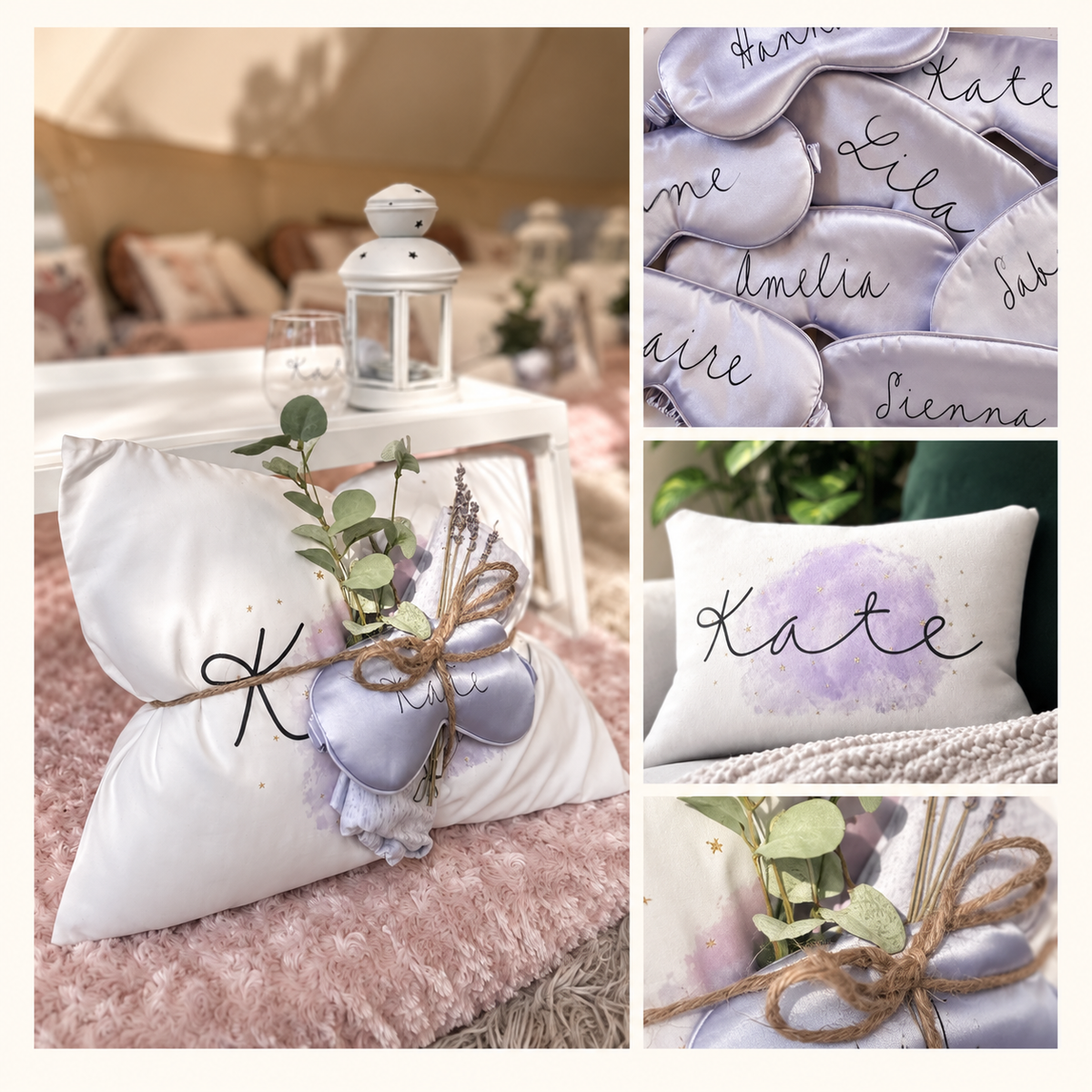 Personalized pillows and lavender sleep masks styled for a birthday celebration