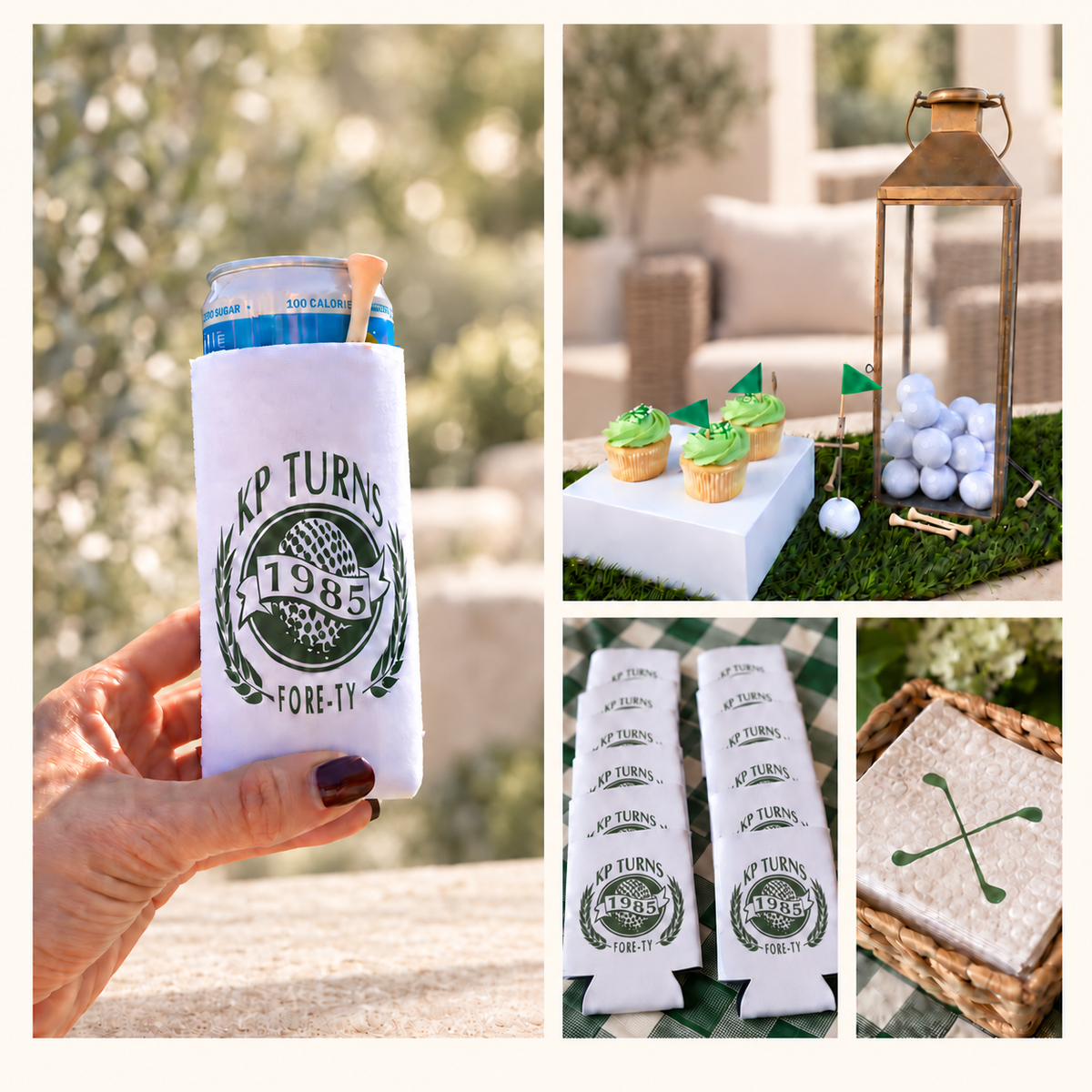 Fore-ty birthday collection with golf-themed can sleeves, napkins and cupcakes