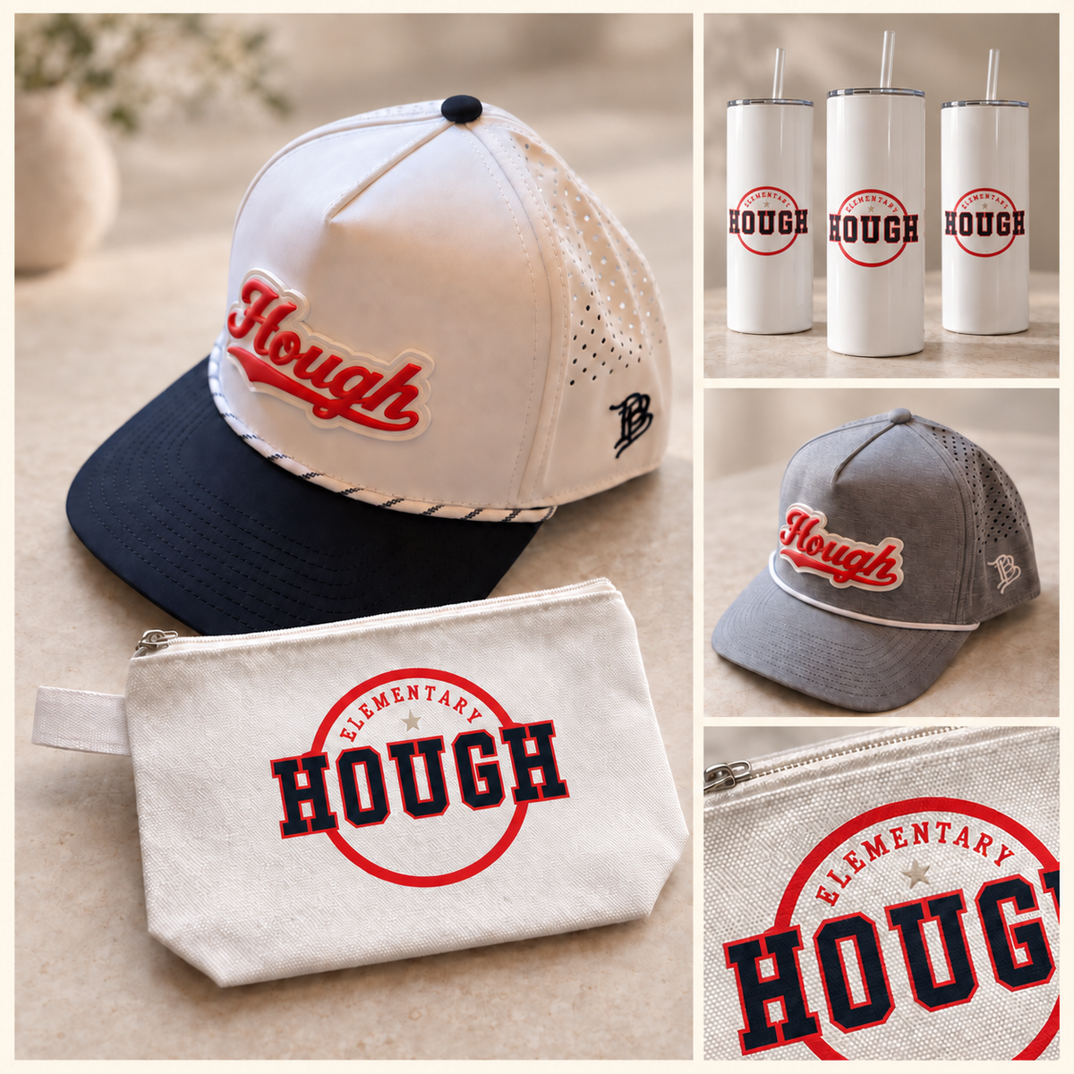 Hough Street hats, a wristlet and three matching school tumblers