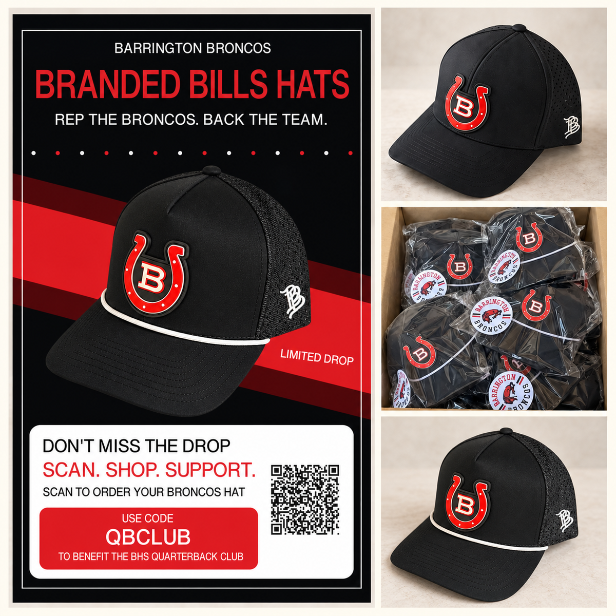 QB Club fundraising flyer, Barrington hats and packaged orders