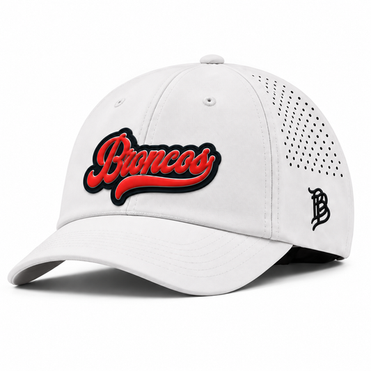 Script Broncos | Curved | Performance Dad; White; broncos on black PVC patch; front view