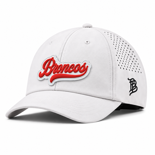 Script Broncos | Curved | Performance Dad; White; broncos on white PVC patch; front view