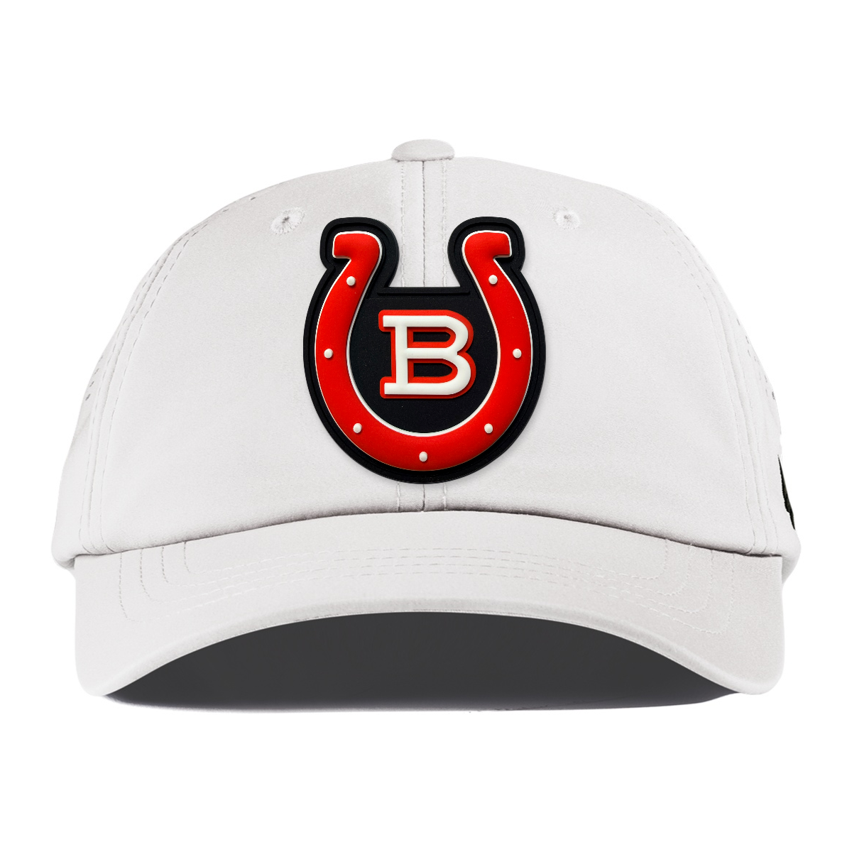Horseshoe Performance Dad Hat — Black Patch, White, front