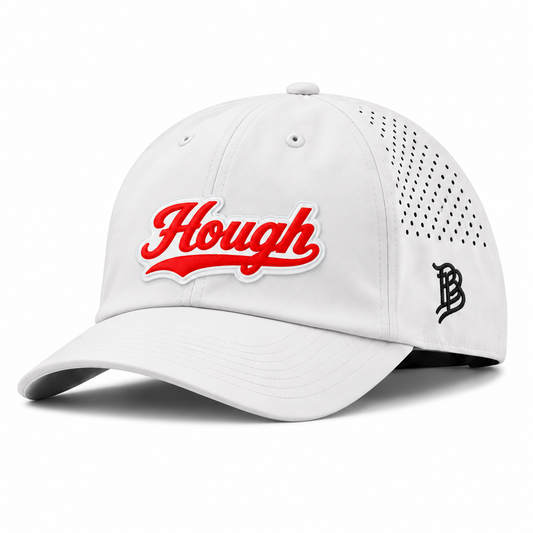 Script Hough | Curved | Performance Dad; White; hough on white PVC patch; front view