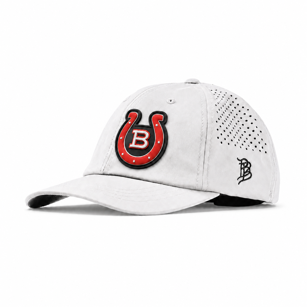 White Performance Dad Hat with HORSESHOE ON BLACK PVC patch
