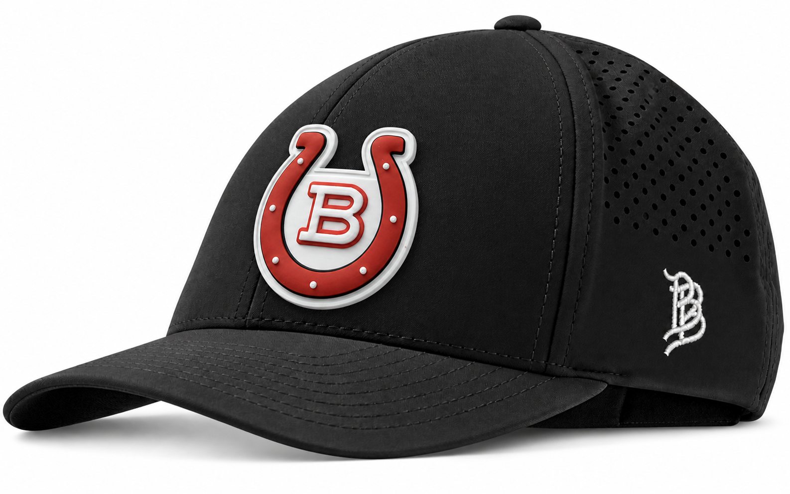 Black Curved Performance Hat with Horseshoe on White PVC patch