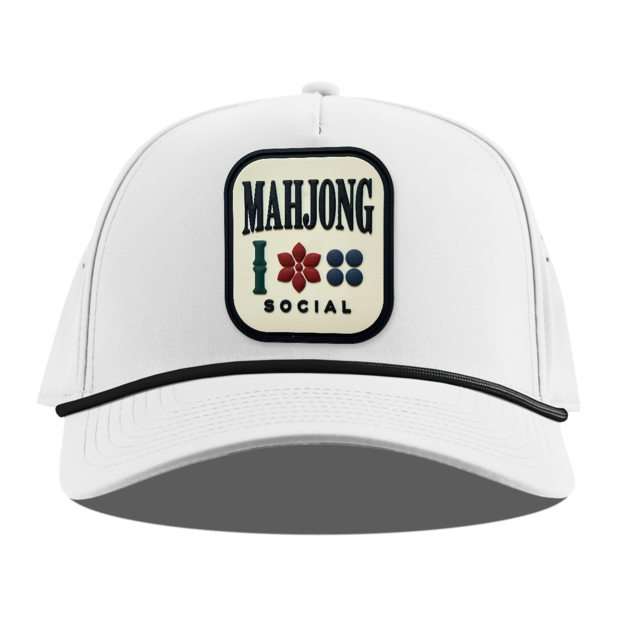 Mahjong Social Rope Hat, White + Black Rope, front