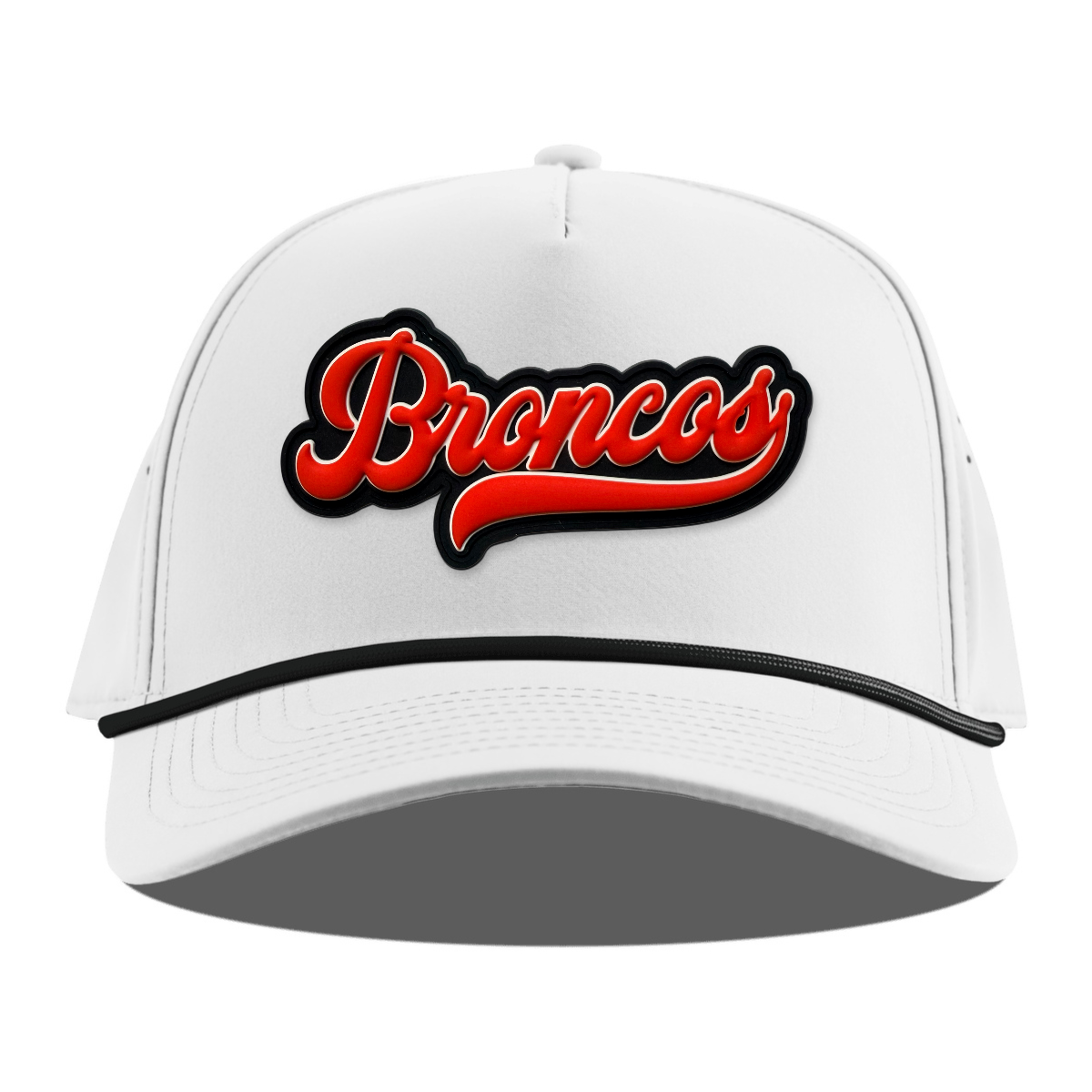 Script Broncos Rope Hat — Black Patch, White + Black Rope, front