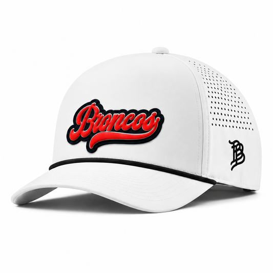Script Broncos | Curved | 5 Panel Rope; WHITE + BLACK ROPE; broncos on black PVC patch; front view