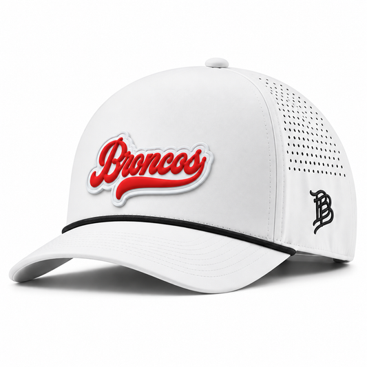 Script Broncos | Curved | 5 Panel Rope; WHITE + BLACK ROPE; broncos on white PVC patch; front view