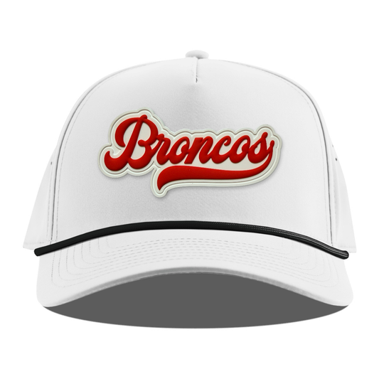 Script Broncos Rope Hat — White Patch, White + Black Rope, front