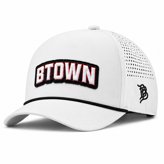 BTOWN | Curved | 5 Panel Rope; WHITE + BLACK ROPE; btown on black PVC patch; front view