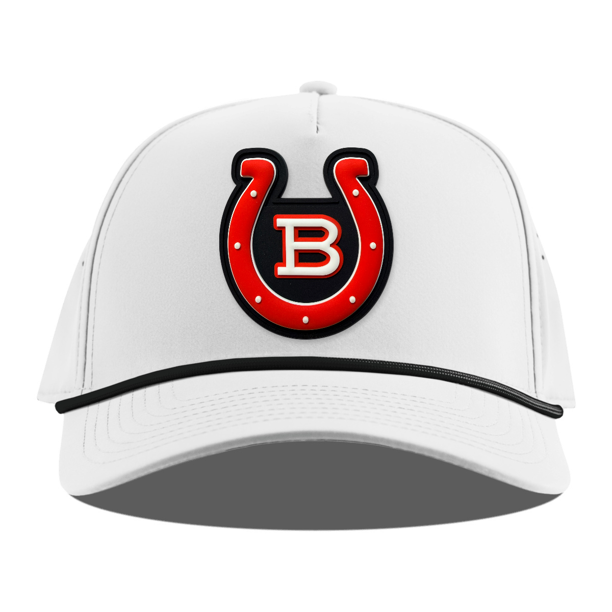 Horseshoe Rope Hat — Black Patch, White + Black Rope, front