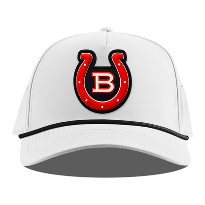 Horseshoe Rope Hat — Black Patch, White + Black Rope, front
