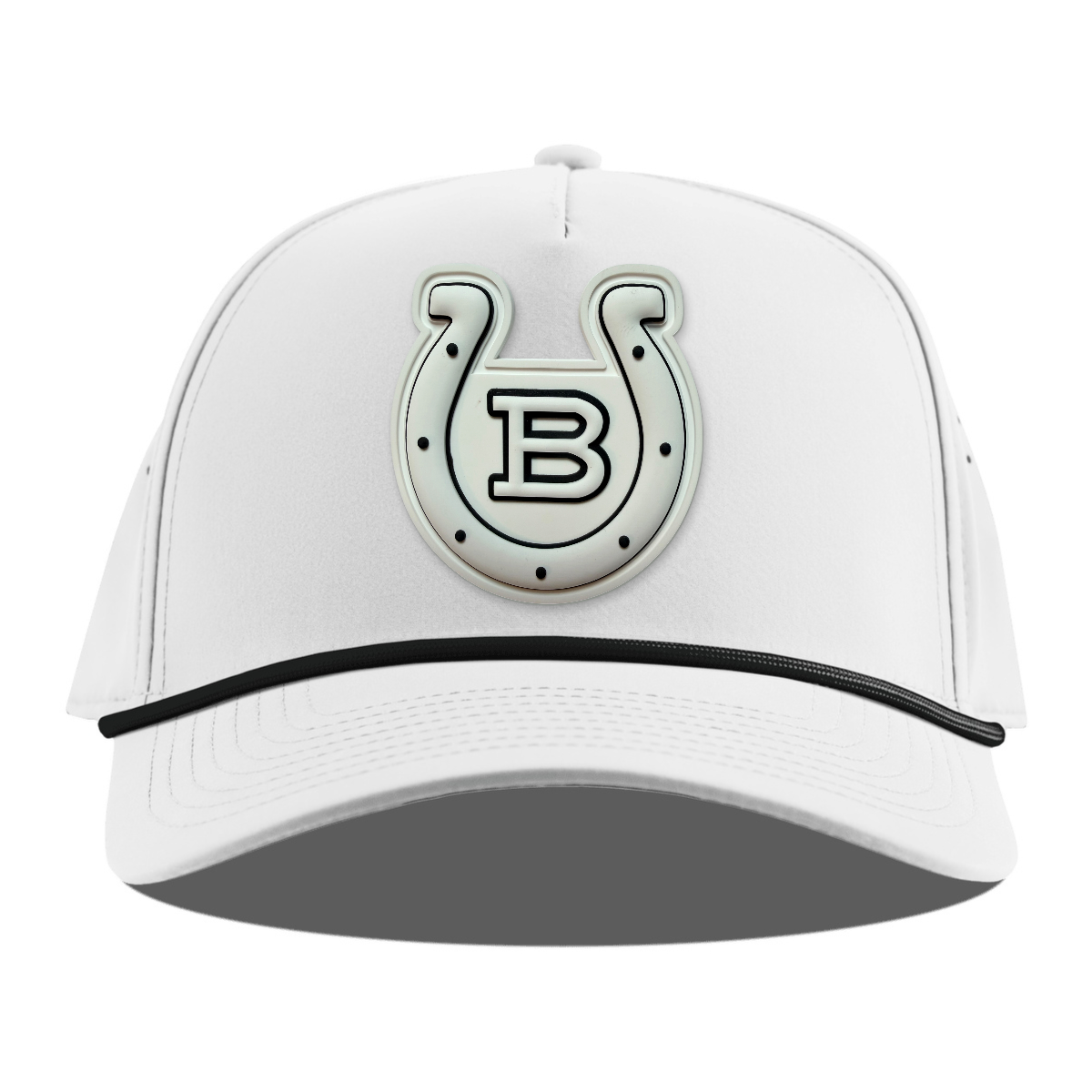 Horseshoe Rope Hat — Monochrome Patch, White + Black Rope, front
