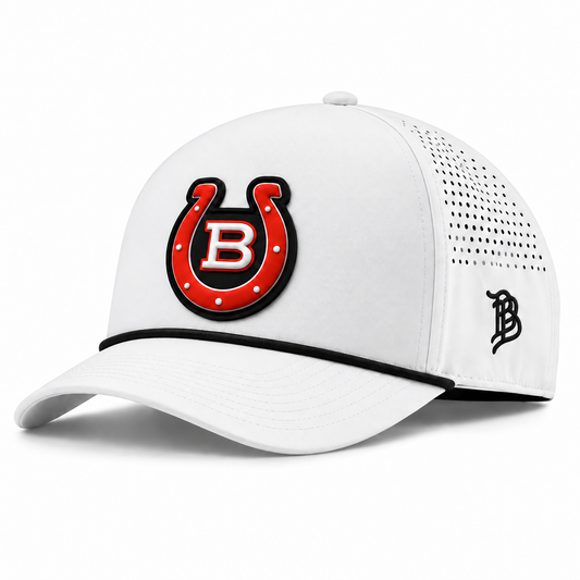 Horseshoe | Curved | 5 Panel Rope; WHITE + BLACK ROPE; horseshoe on black PVC patch; front view