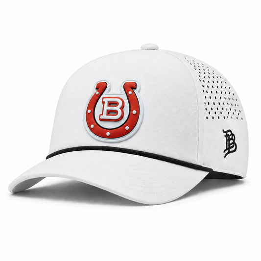 Horseshoe | Curved | 5 Panel Rope; WHITE + BLACK ROPE; horseshoe on white PVC patch; front view