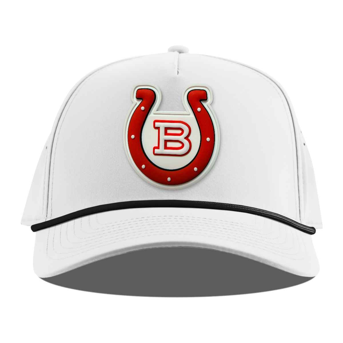 Horseshoe Rope Hat — White Patch, White + Black Rope, front