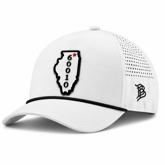 Illinois 60010 | Curved | 5 Panel Rope; WHITE + BLACK ROPE; illinois 60010 PVC patch; front view