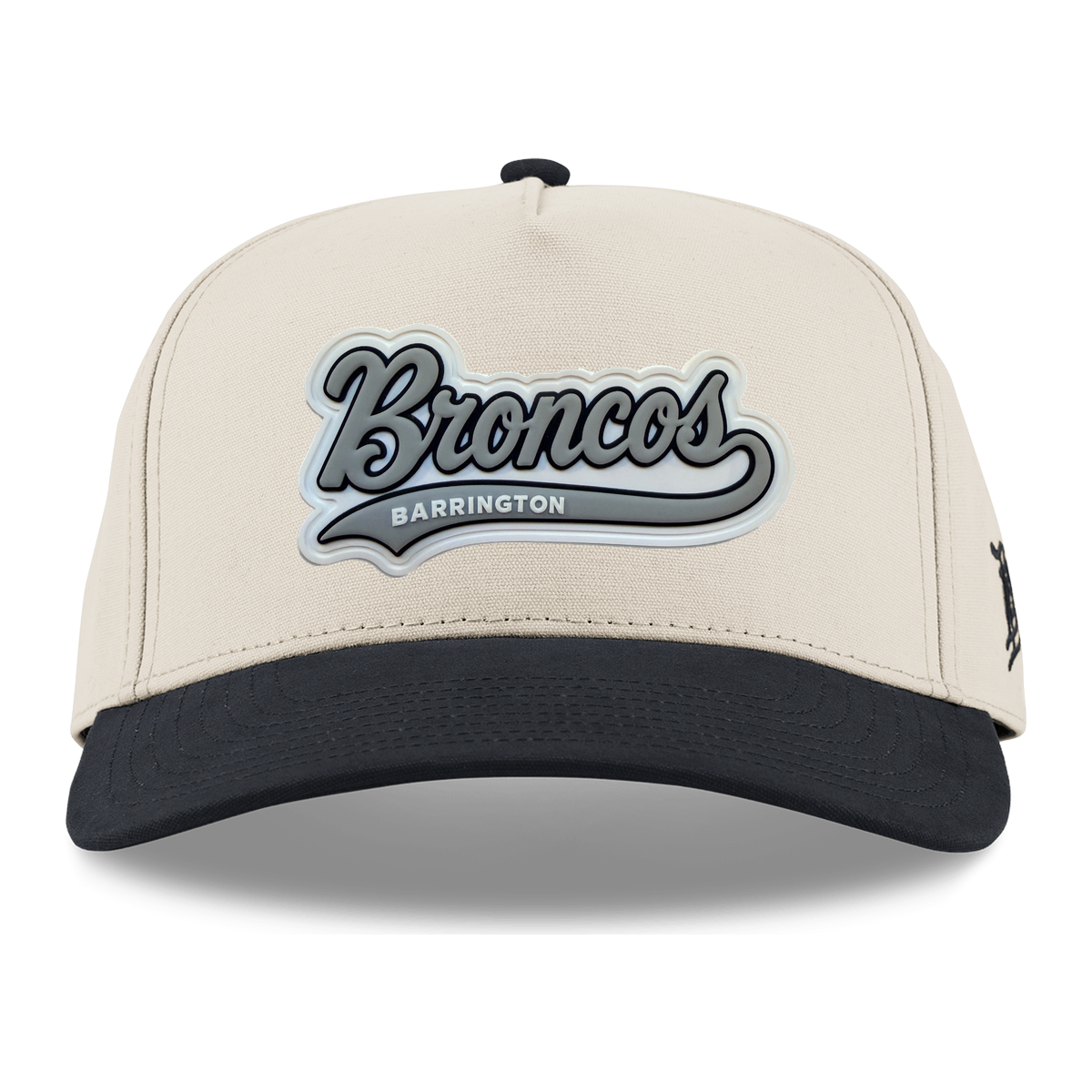 Script Broncos Gray patch on Beige / Vintage Black Canvas 5 Panel hat, front view